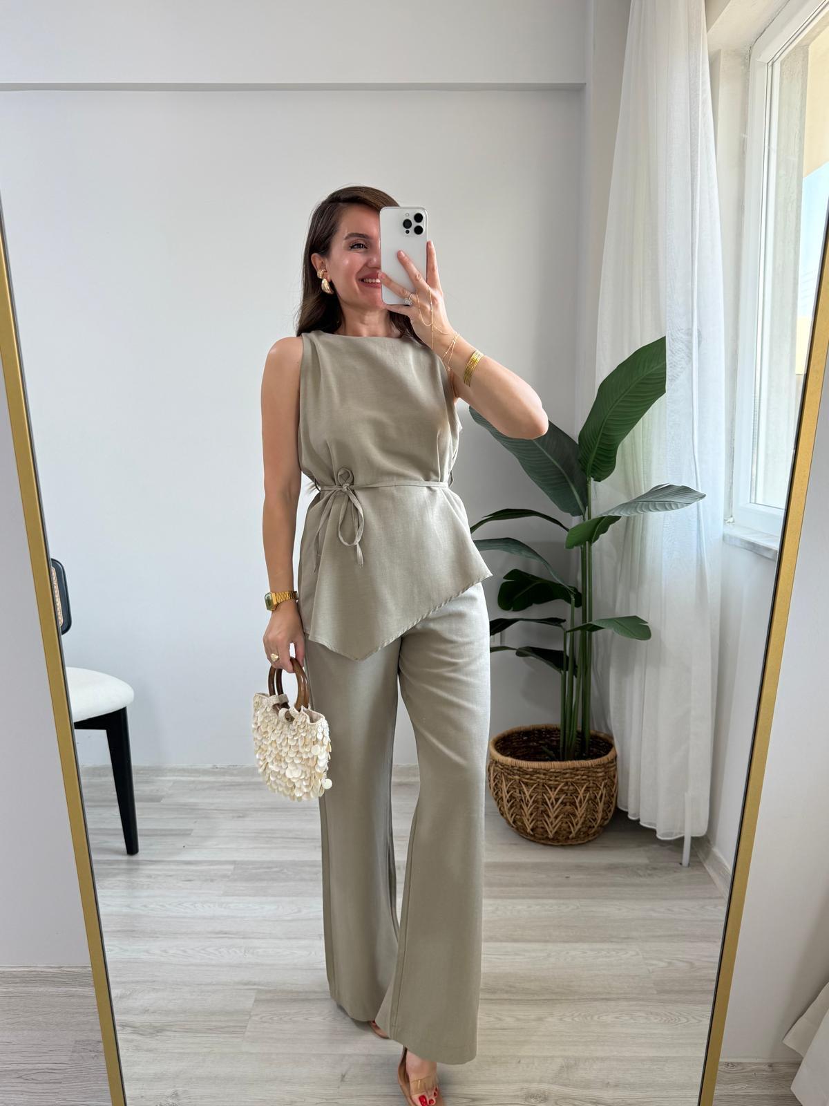 Haki Asimetrik Kesim Bluz Pantolon Takım 8784