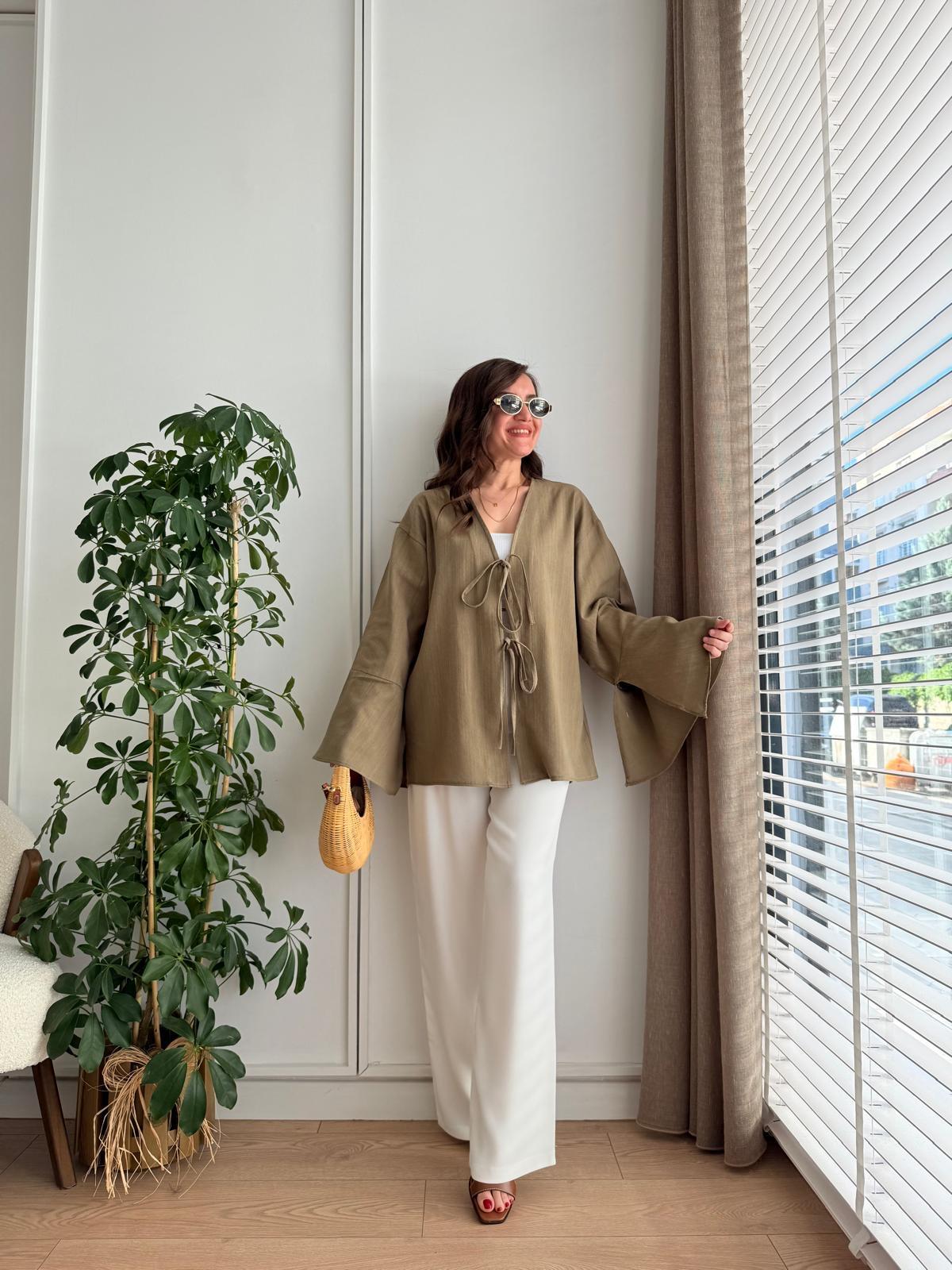 Haki Bağlamalı Keten Kimono Takım 5235