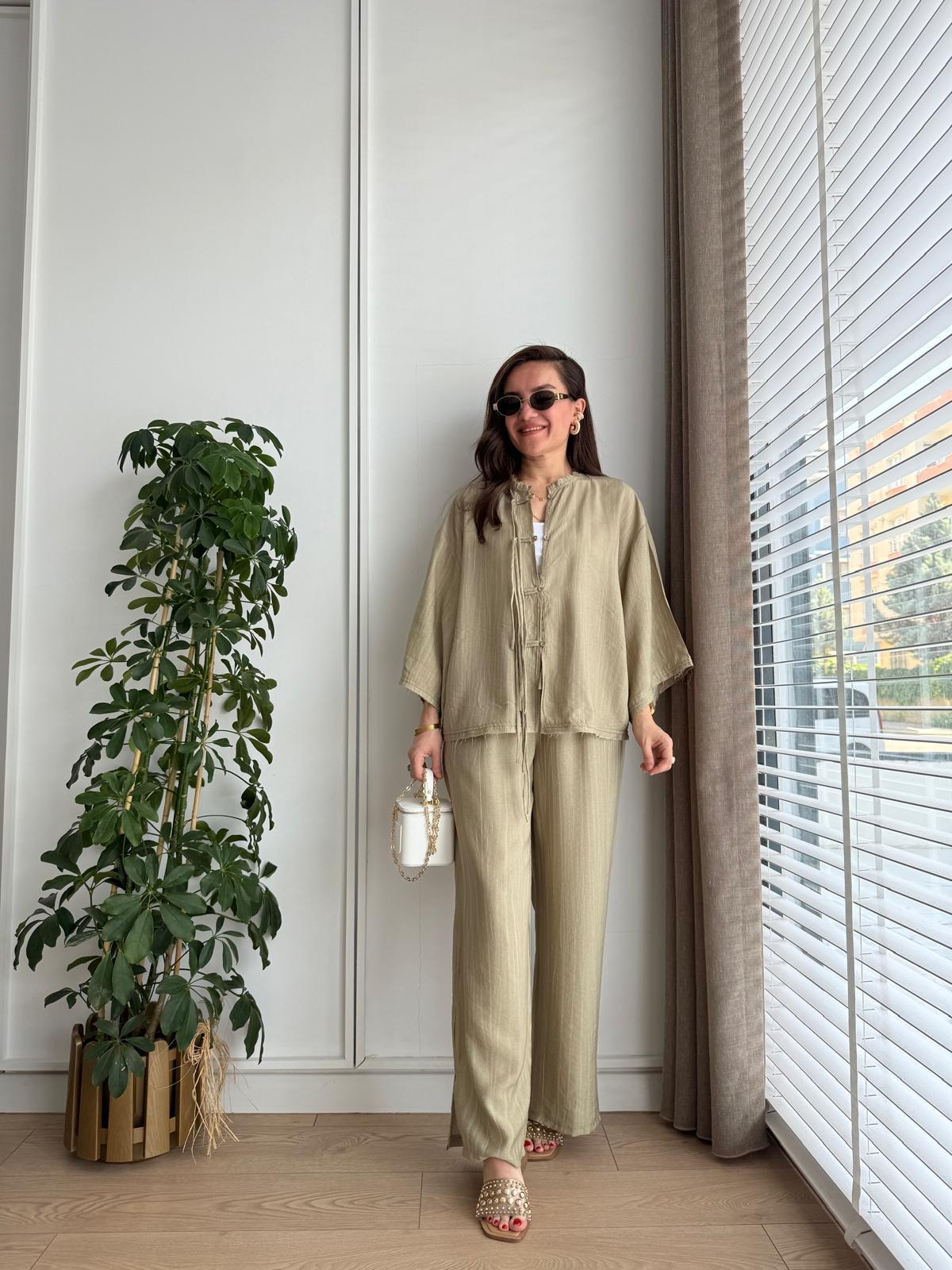 Haki Bambu Kumaş Paçası Yırtmaçlı Pantolon Kimono Takım 0614