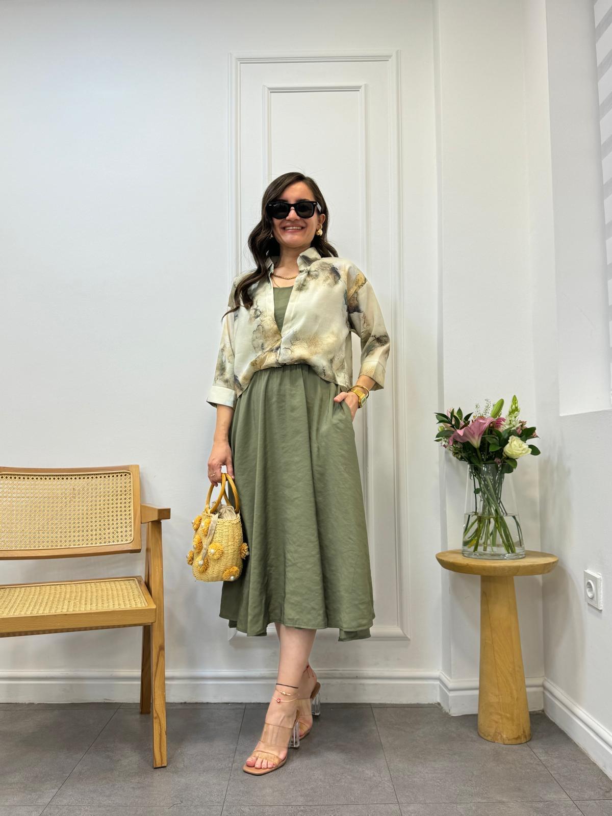 Haki Batik Desenli Gömlek Detaylı Elbise M53