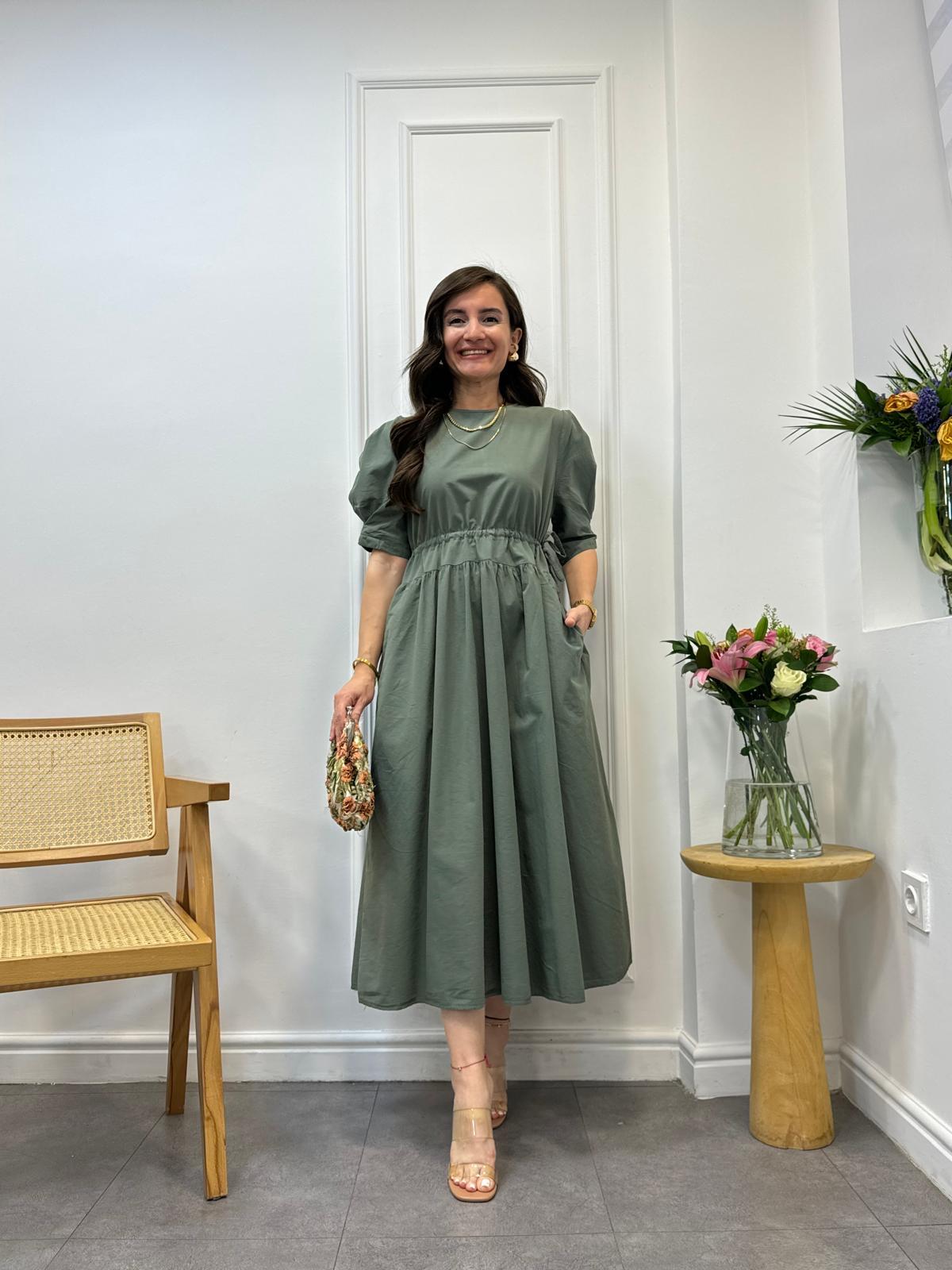 Haki Bel Detaylı Elbise 1553