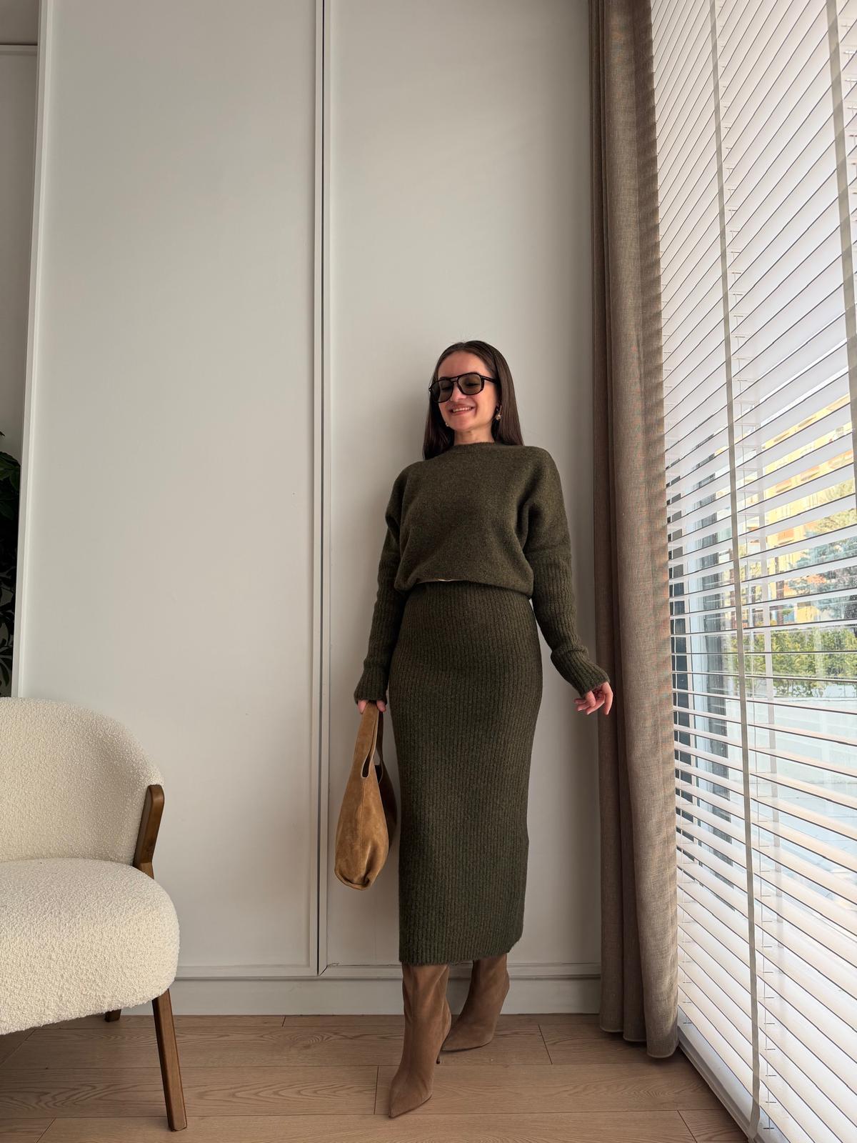 Haki Bel Detaylı Yumoş Triko Elbise 90260