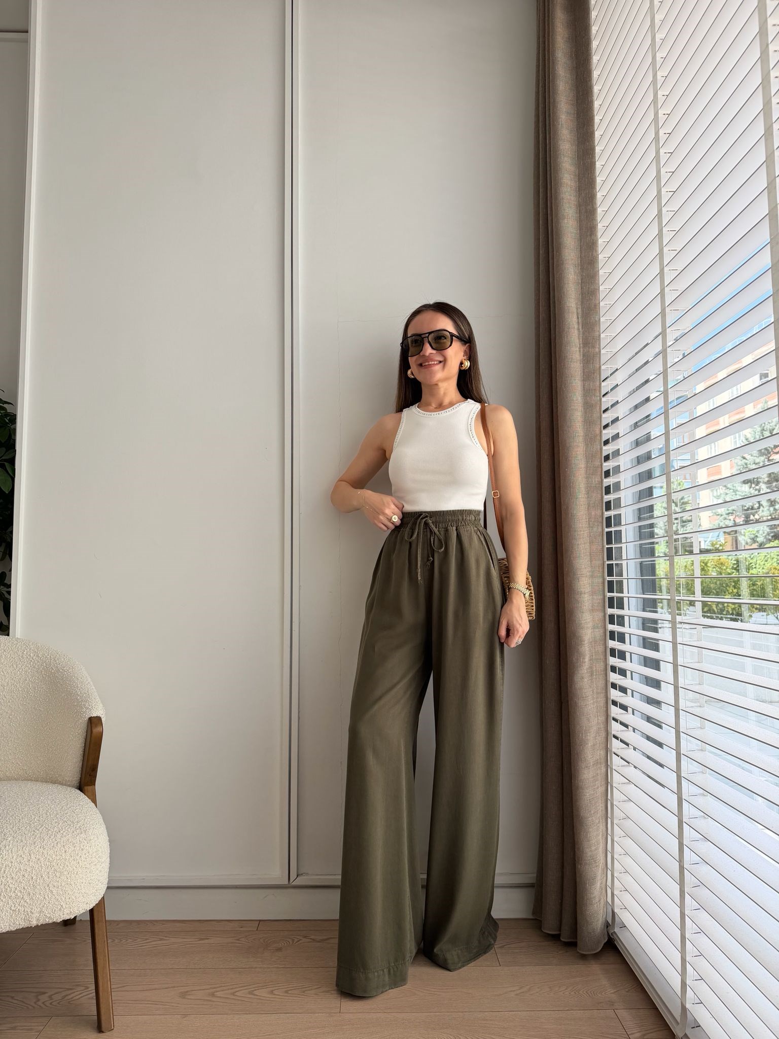 Haki Bel Lastikli Cepli Tensel Pantolon HS708