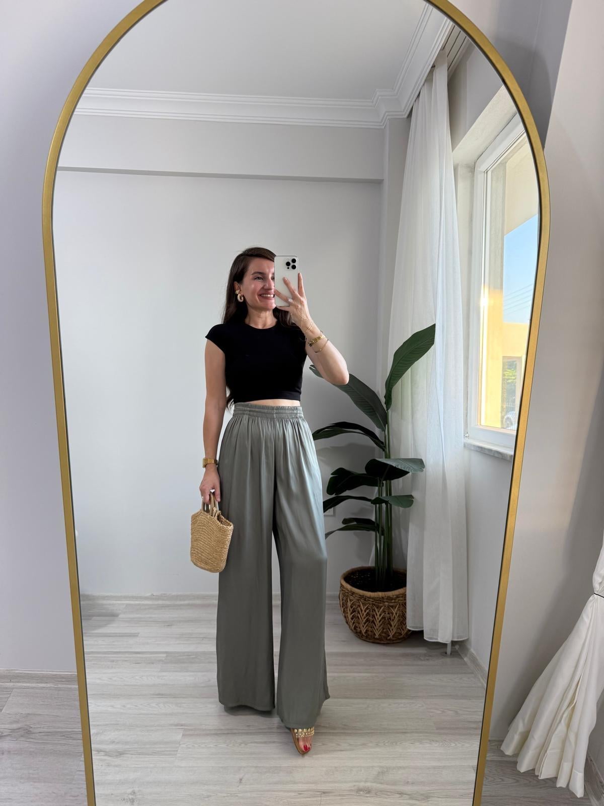 Haki Bel Lastikli Geniş Paça Pantolon 421