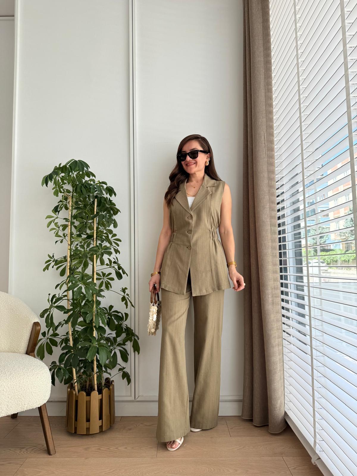 Haki Bel Lastikli Keten Yelek Pantolon Takım 8704
