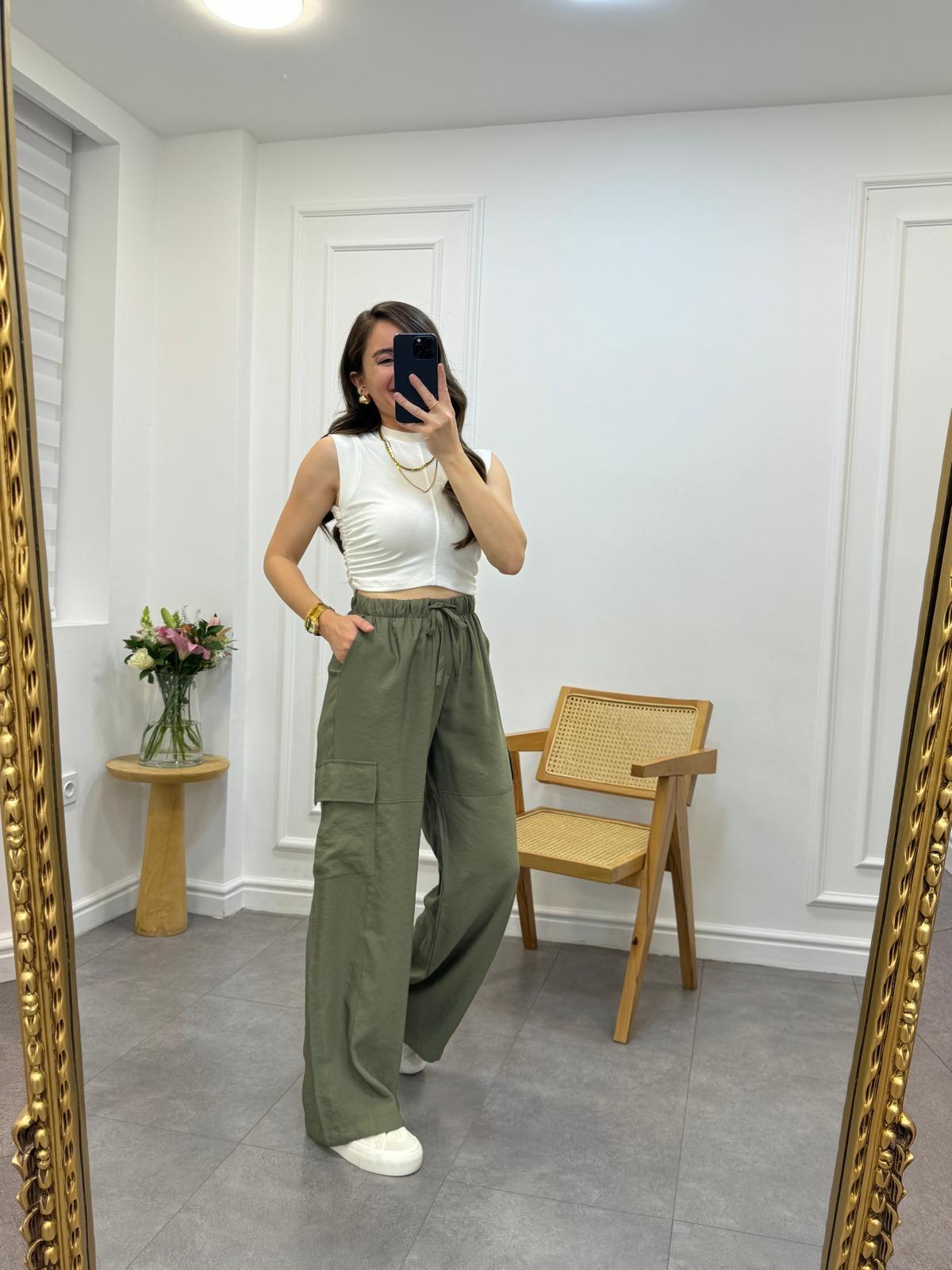 Haki Beli Bağcıklı Cep Detaylı Gabardin Kumaş Pantolon 58888