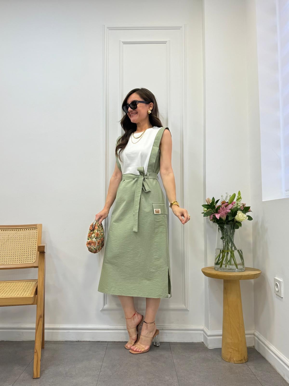 Haki Beli Kuşaklı Kargo Cepli Elbise M06