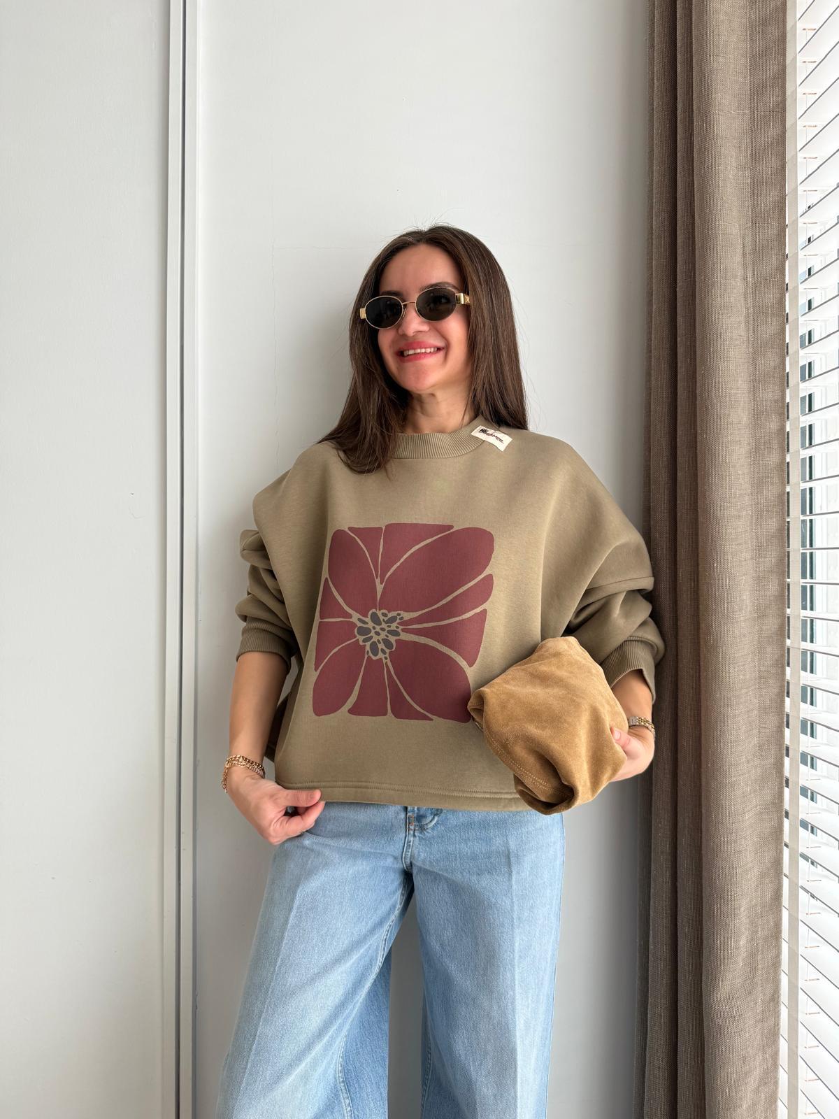 Haki Bisiklet Yaka Çiçek Baskılı Şardonlu Sweatshirt 1087