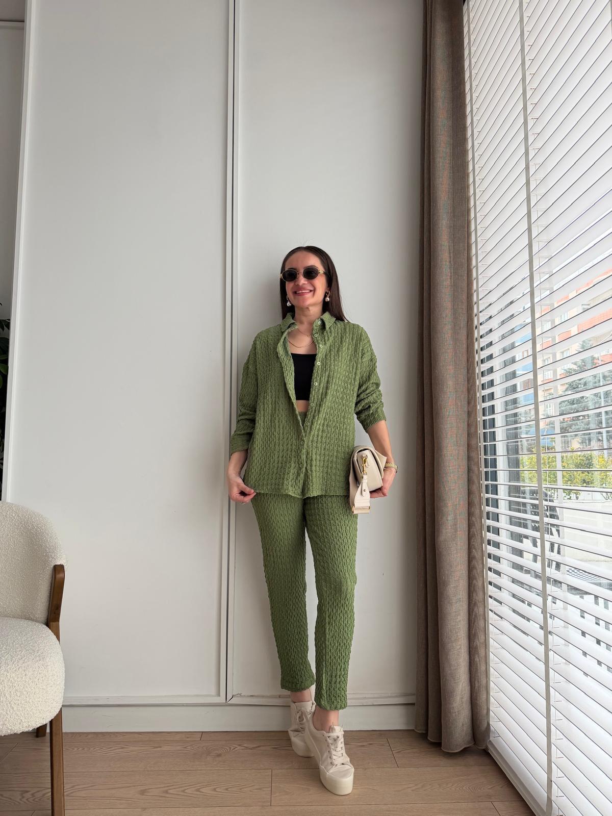 Haki Bürümcük Kumaş Gömlek Pantolon Takım 2390