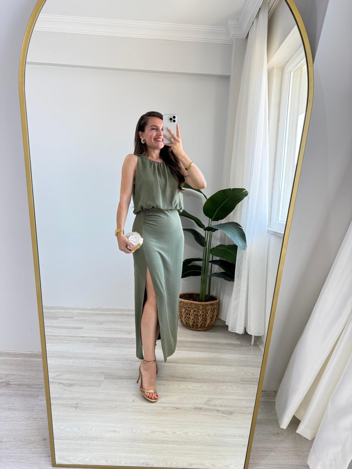 Haki Büzgü Detaylı Yırtmaçlı Midi Boy Elbise 225