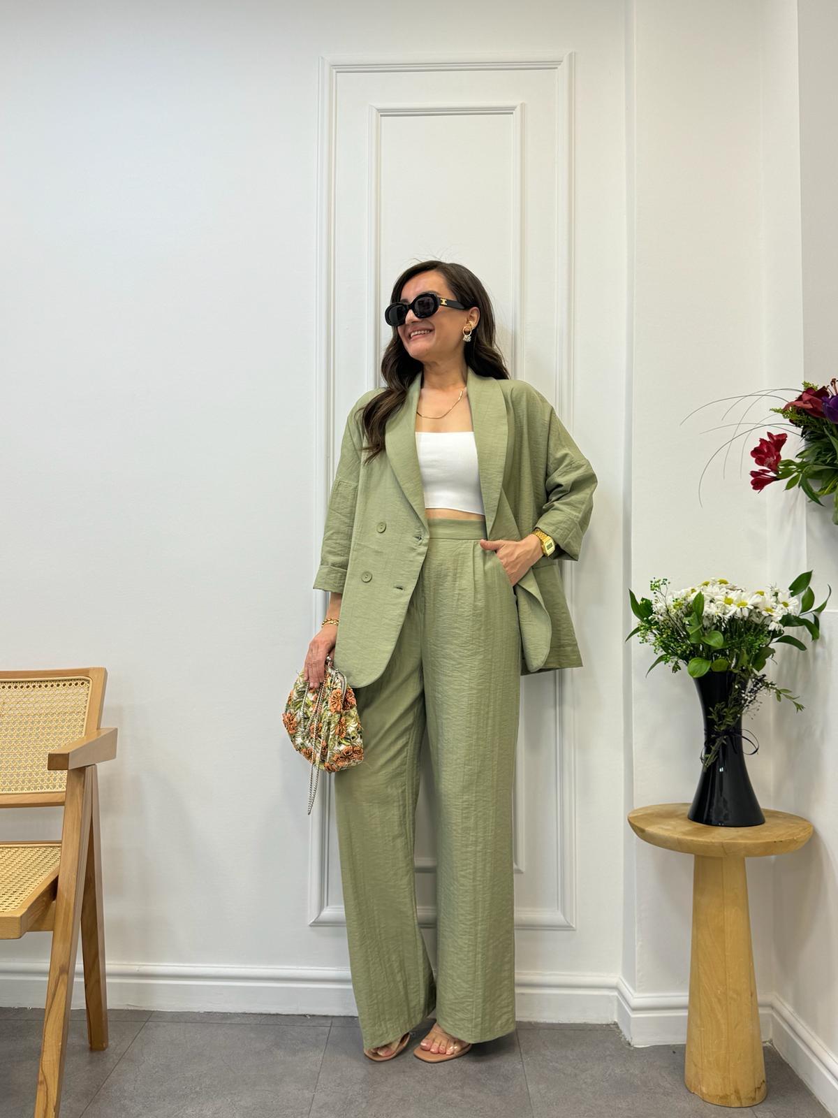 Haki Dört Düğmeli Blazer Pantolon Keten Takım 9006