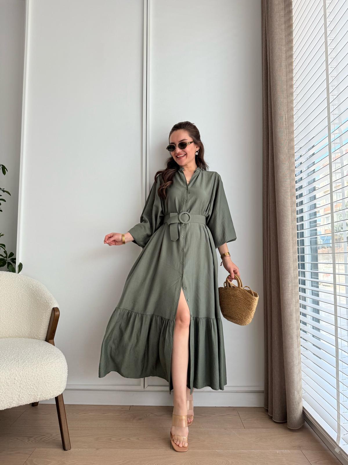 Haki Düğmeli Kemer Detaylı Elbise 517