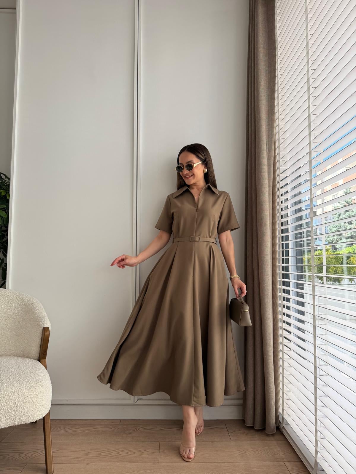 Haki Fermuarlı Kemerli Keten Elbise 2341