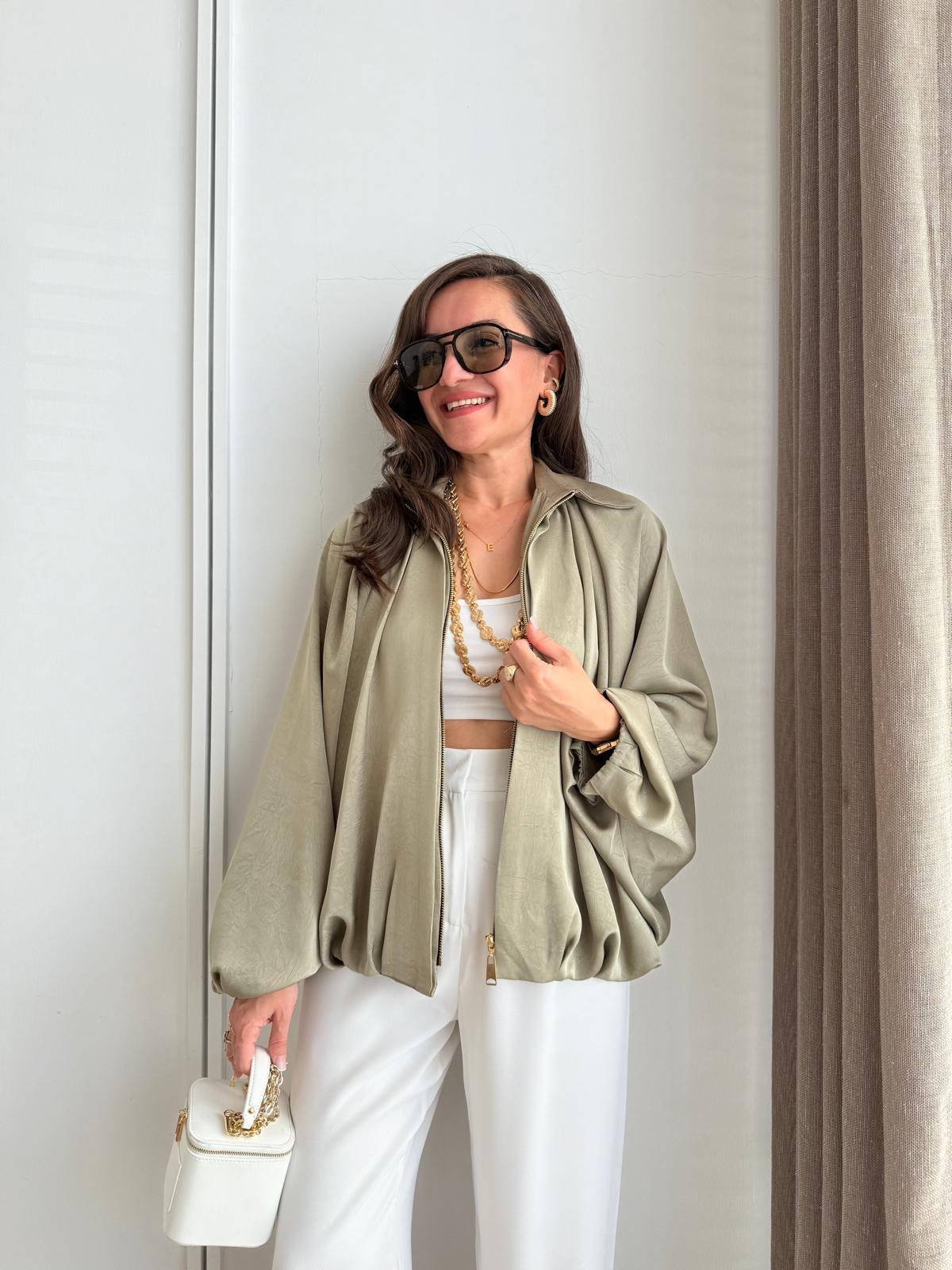 Haki Gold Fermuarlı Saten Bomber Ceket 9584