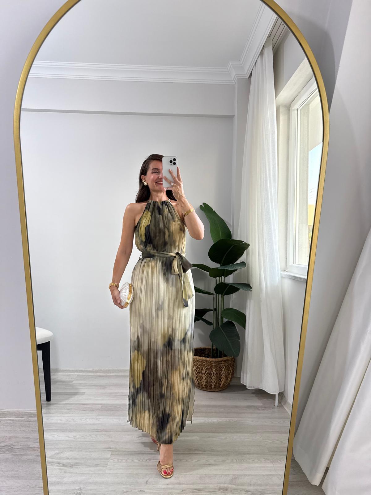 Haki Halter Yaka Kuşaklı Piliseli Elbise 2334