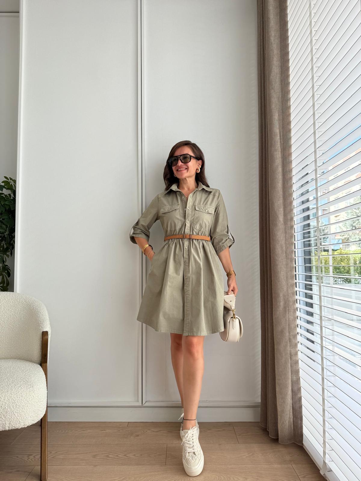 Haki Hasır Kemerli Çıtçıt Düğmeli Gömlek Elbise 3040