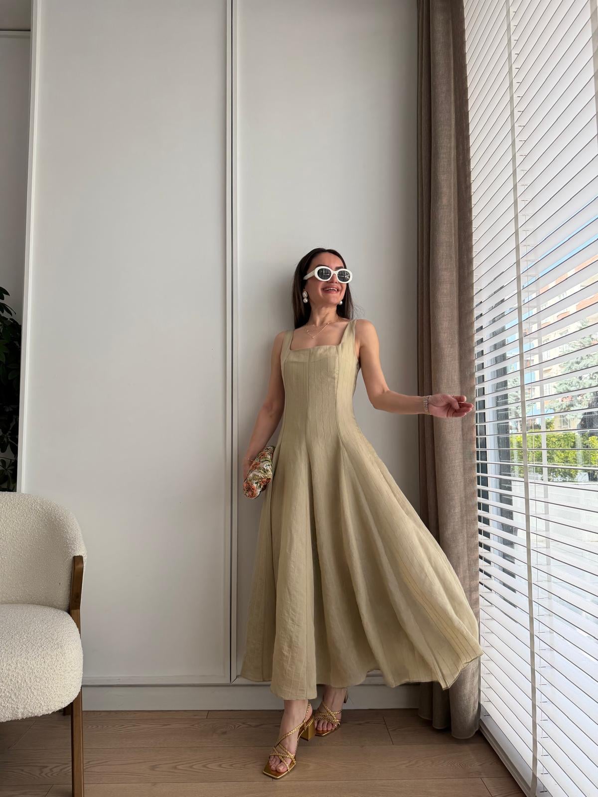 Haki Kalın Askılı Şönili Elbise 207