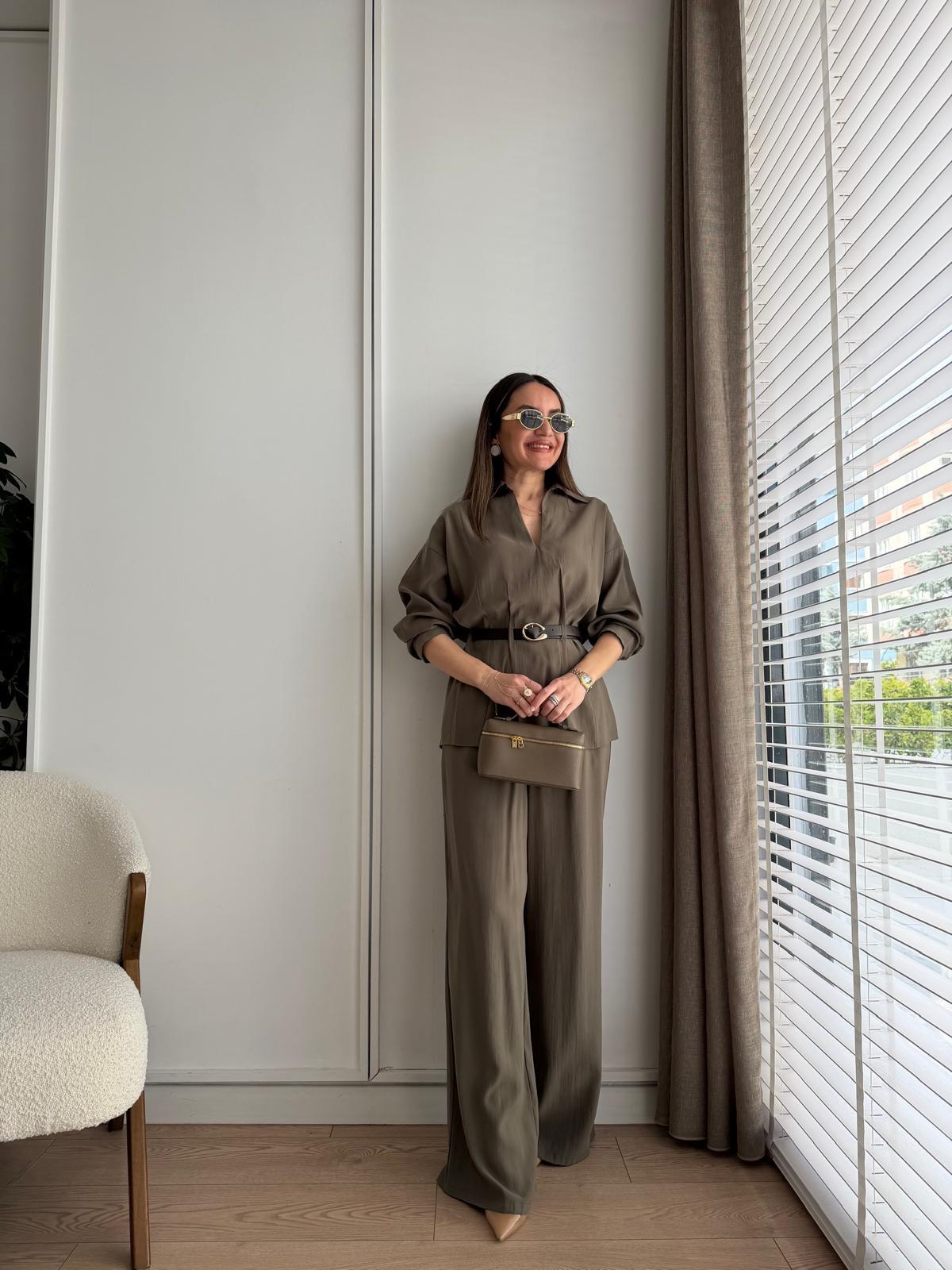 Haki Kemerli Bluz Pantolon Takım 58495