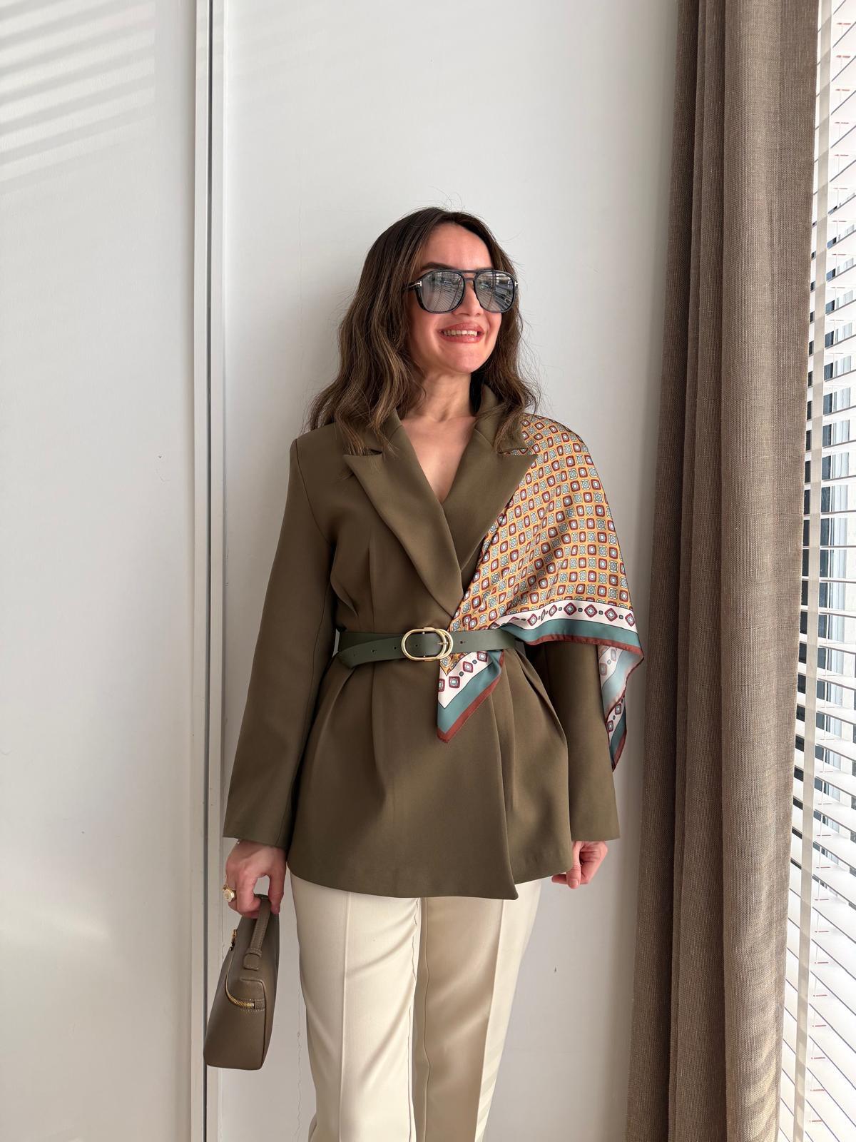 Haki Kemerli Fular Detaylı Blazer Ceket 6337