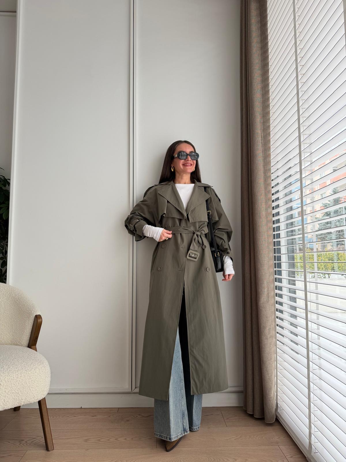 Haki Kemerli Oversize Trençkot 9637
