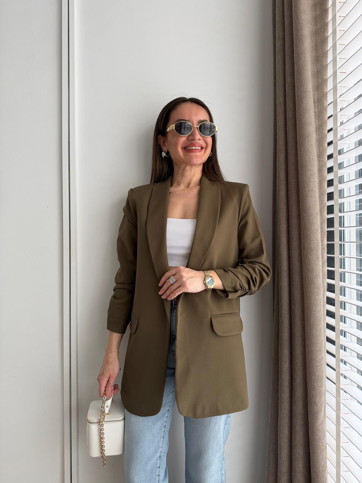 Haki Kol Büzgü Detaylı Atlas Ceket 3101