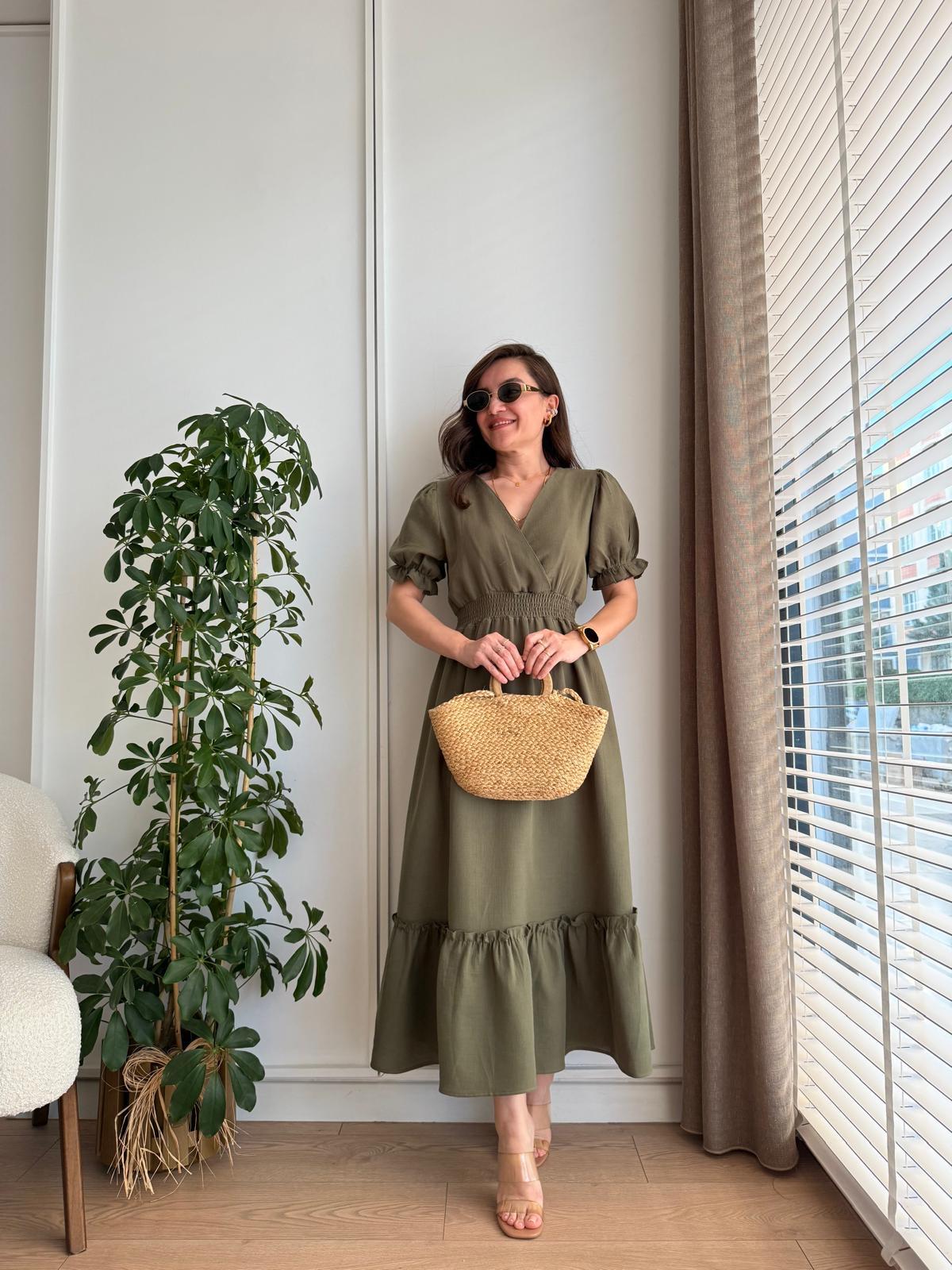 Haki Kruvaze Yaka Bel Lastikli Keten Elbise 1292