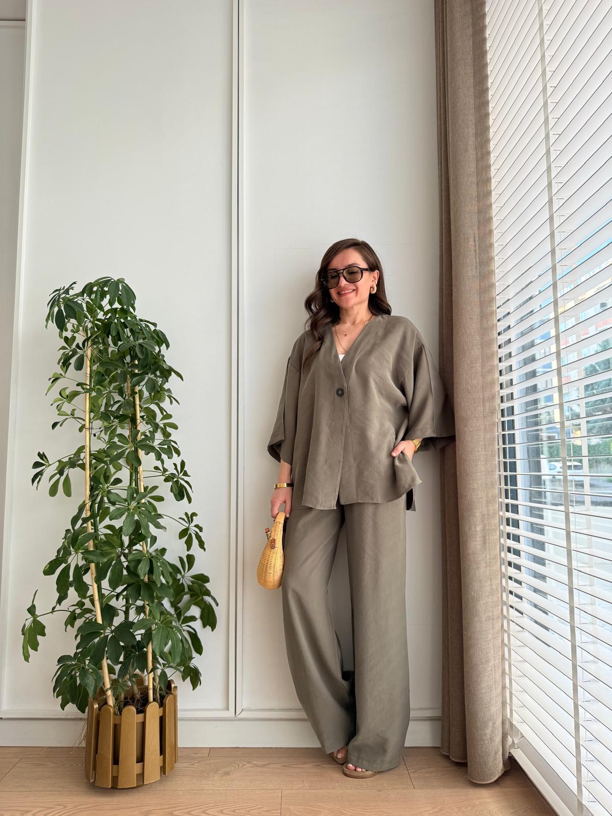 Haki Kruvaze Yaka Düğmeli Kimono Takım 1121