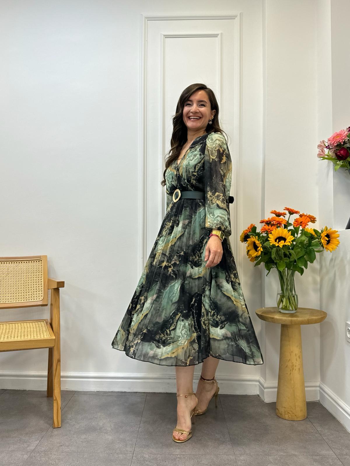 Haki Kruvaze Yaka Eteği Piliseli Kemerli Şifon Elbise 3286