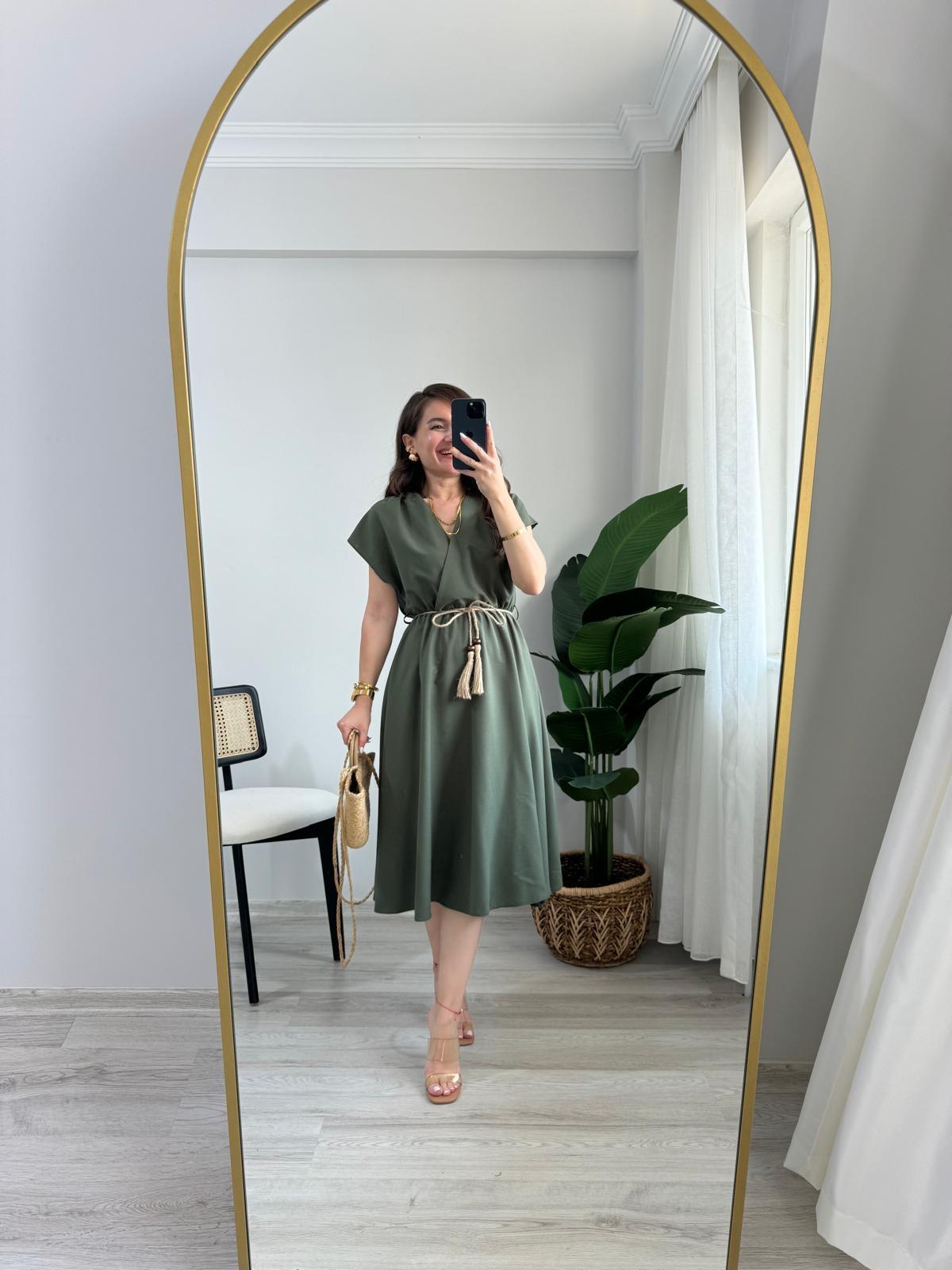 Haki Kruvaze Yaka Hasır Kemerli Elbise 31750