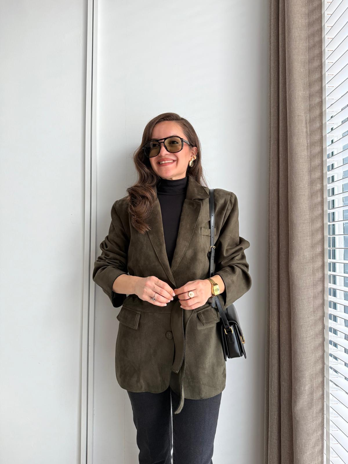 Haki Kuşaklı Astarlı Süet Ceket 1012