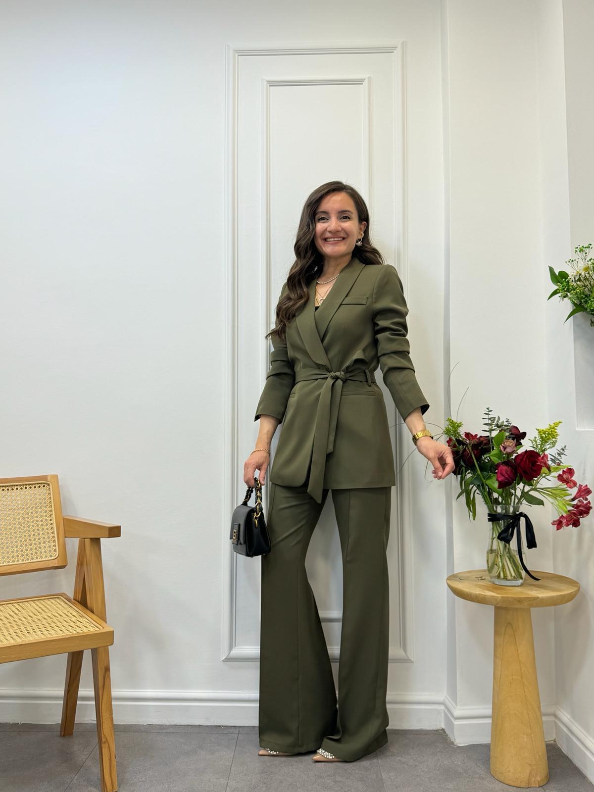 Haki Kuşaklı Blazer Pantolon Takım 3058