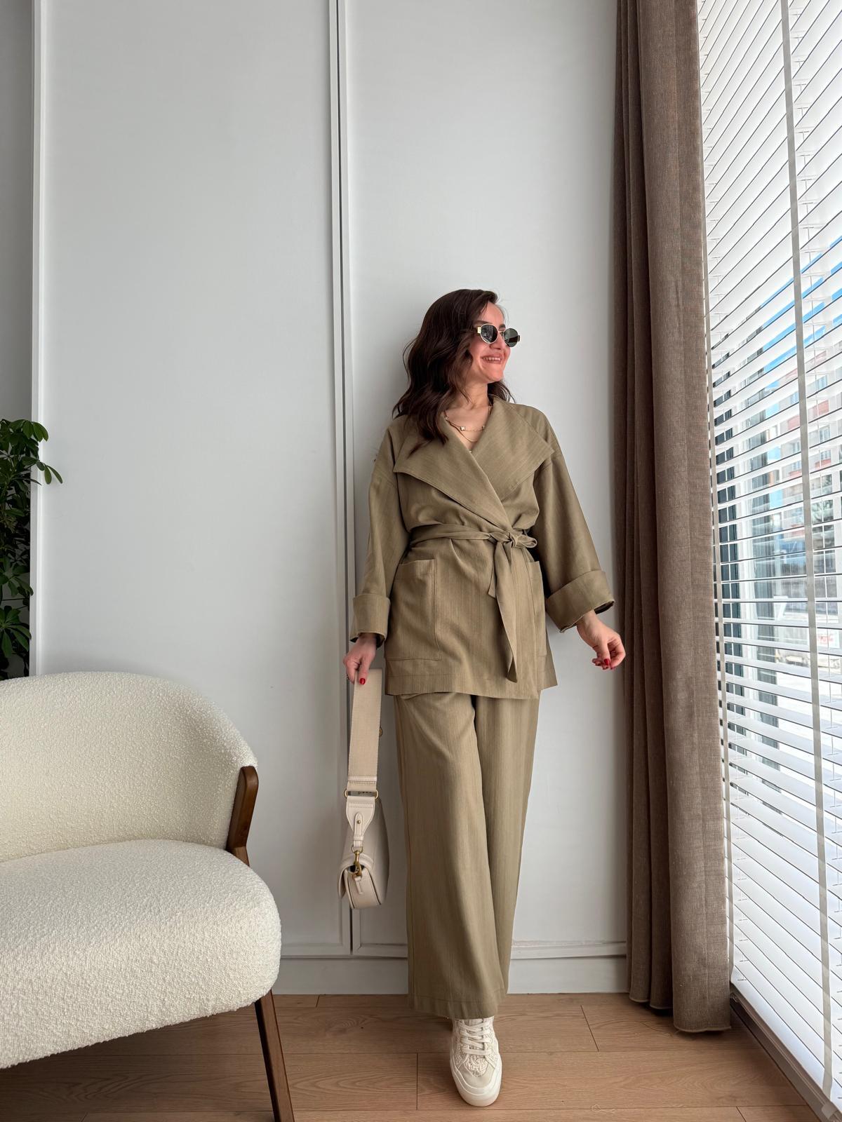 Haki Kuşaklı Cepli Kimono Takım 8447