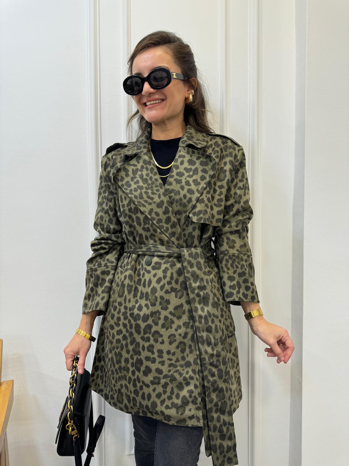 Haki Leopar Desen Kuşaklı Cepli Trençkot 35460