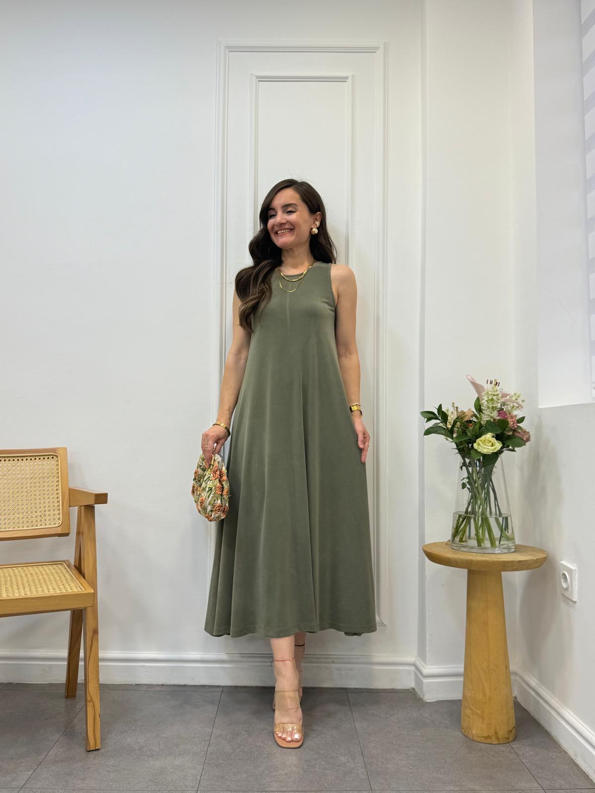 Haki Modal Kumaş Askılı Elbise 021