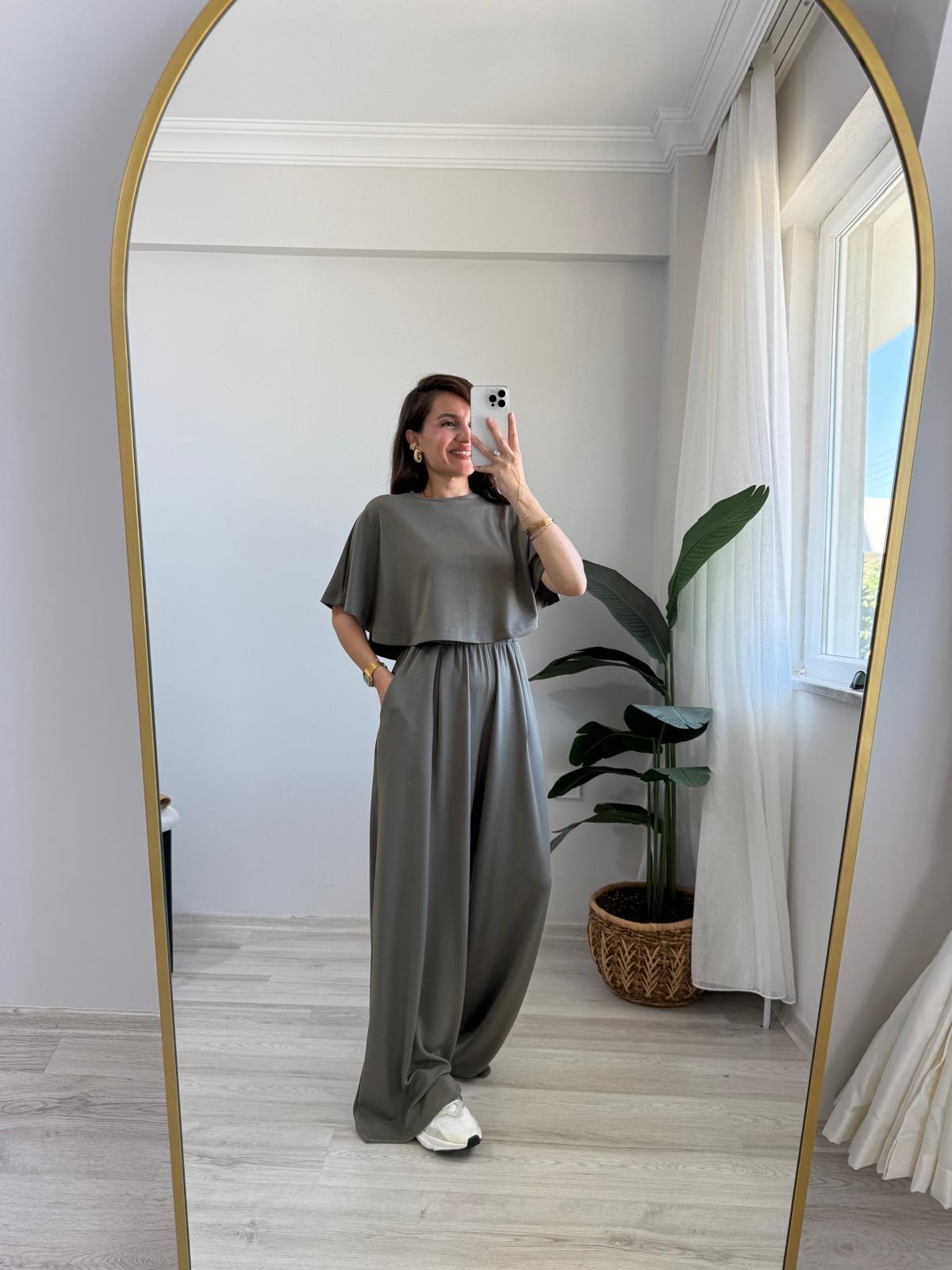 Haki Modal Kumaş Tasarım Bluz Pantolon Takım 1201