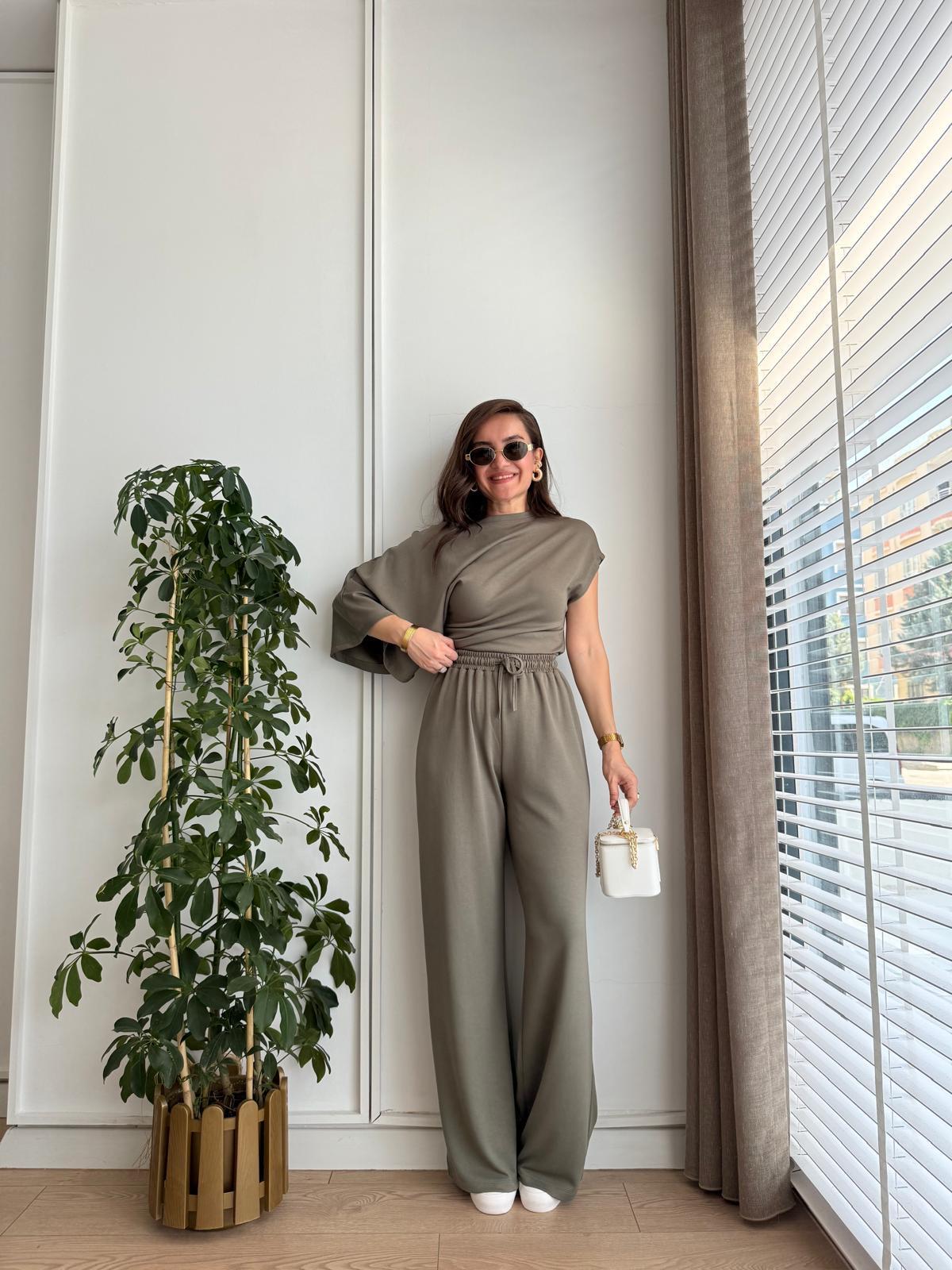 Haki Modal Kumaş Yarasa Kol Bluz Pantolon Takım 3530