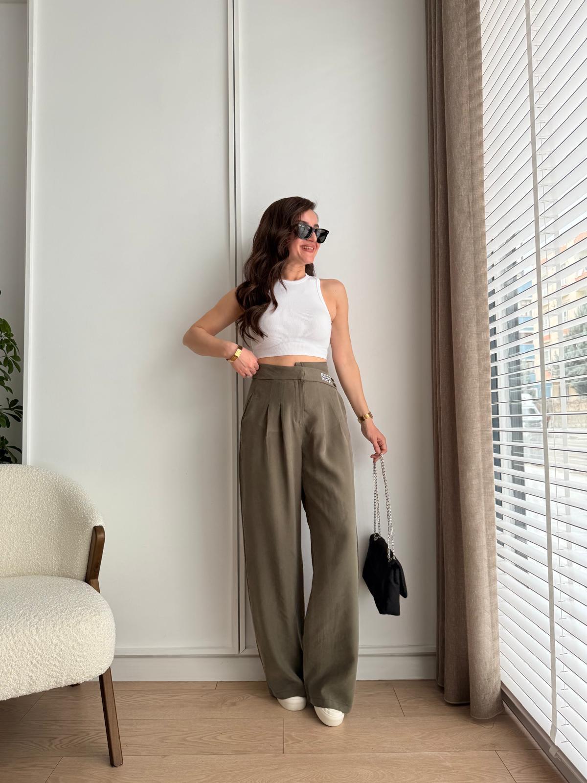 Haki Önü Arma Detaylı Palazzo Pantolon 3221