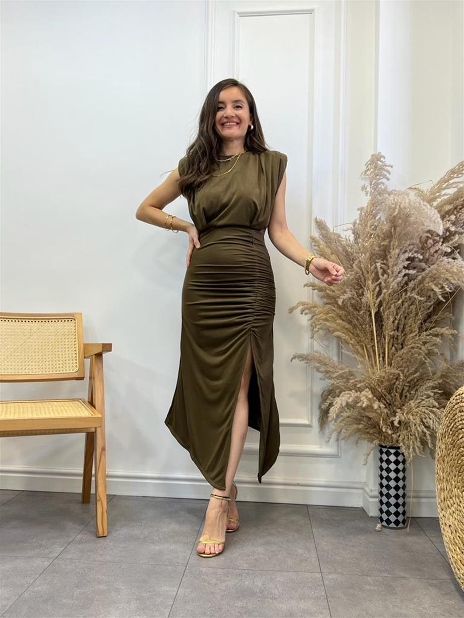 Haki Önü Drape Detaylı Yırtmaçlı Elbise 4613