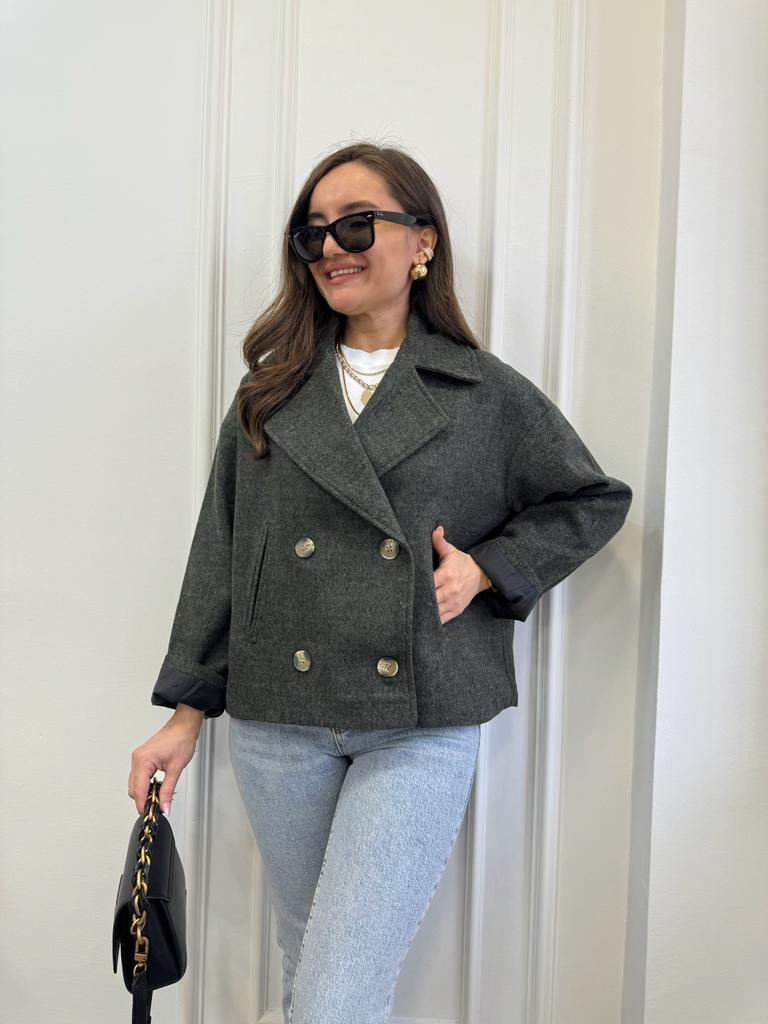 Haki Oversize Kruvaze Yaka Kaşe Kaban 7088
