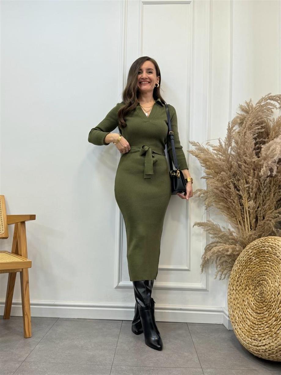 Haki Polo Yaka Triko Uzun Elbise 92177