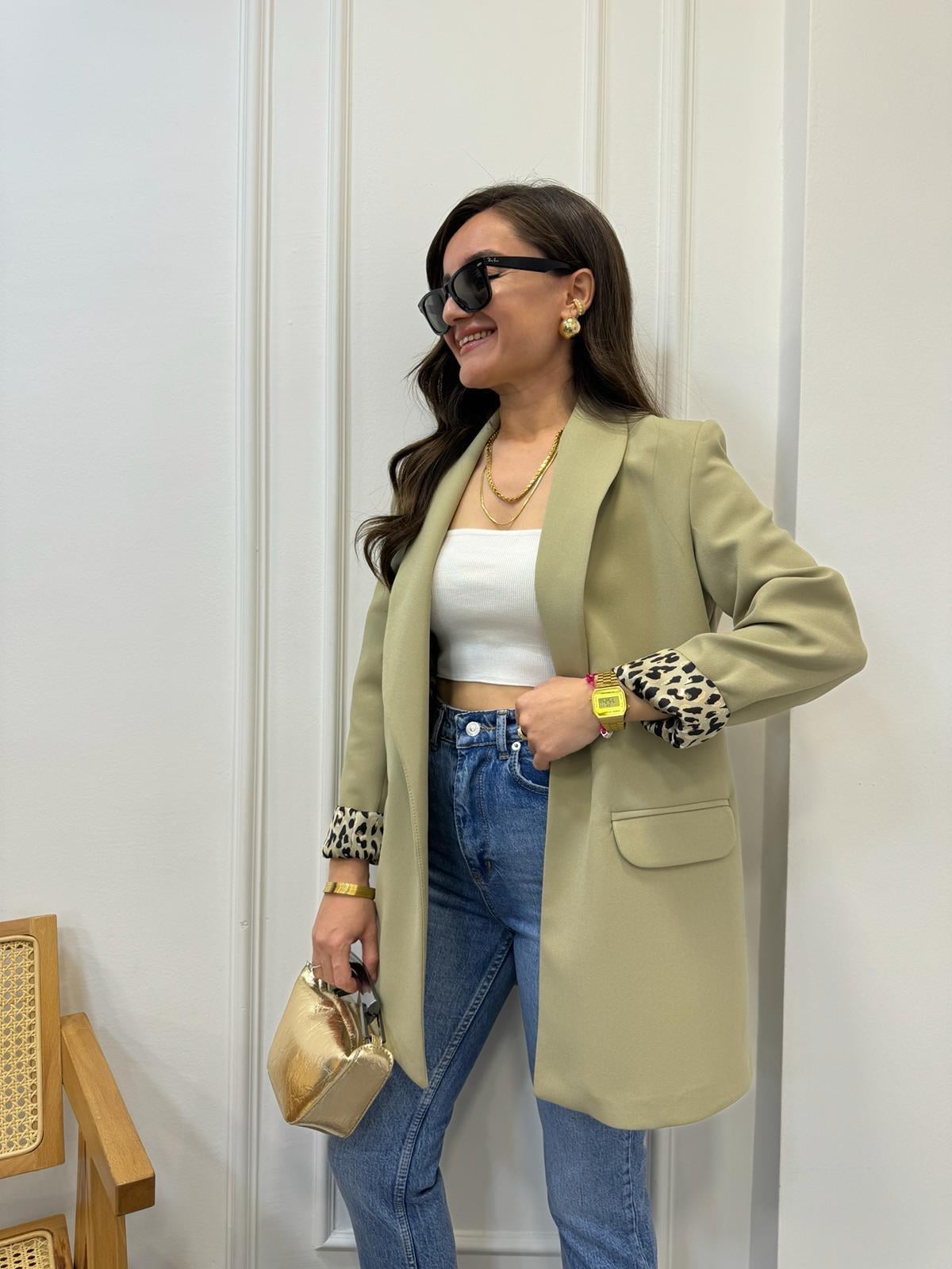 Haki Premıum Kalite Leopar Astarlı Blazer Ceket 9227