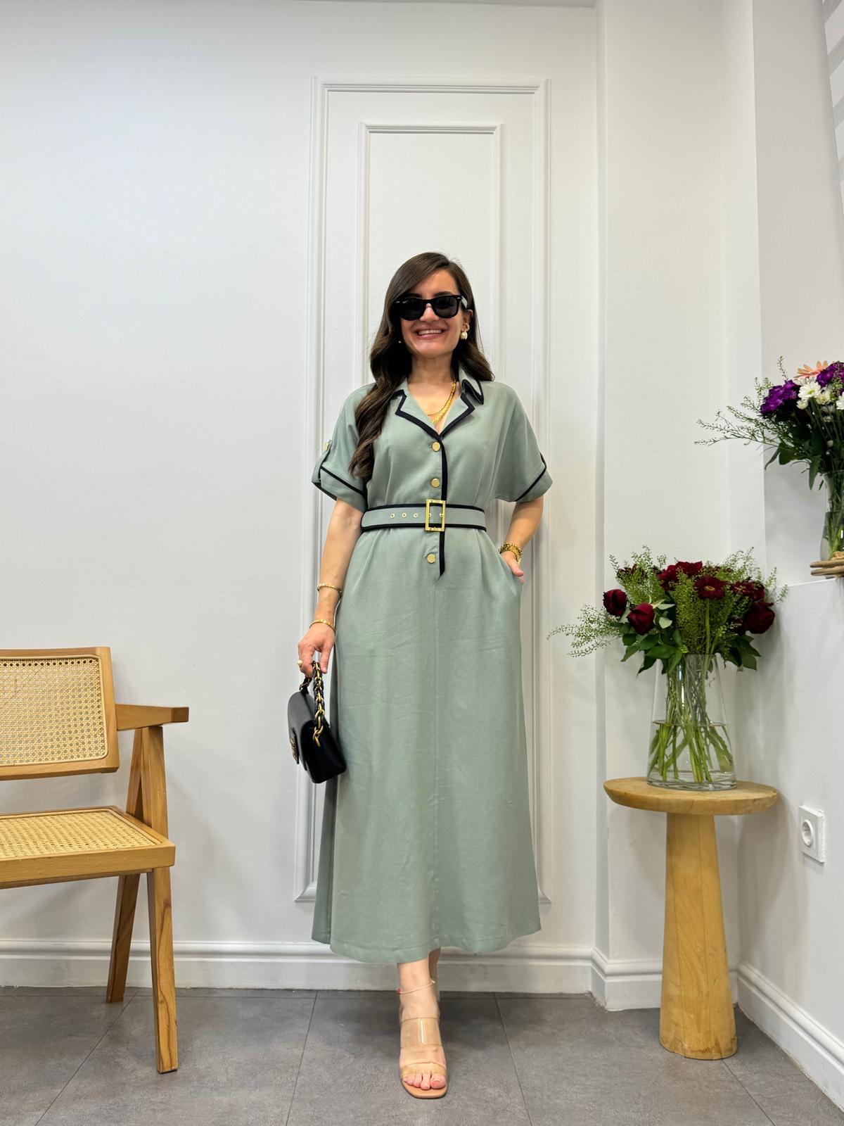 Haki Şerit Detaylı Önü Gold Düğmeli Kemerli Elbise 025