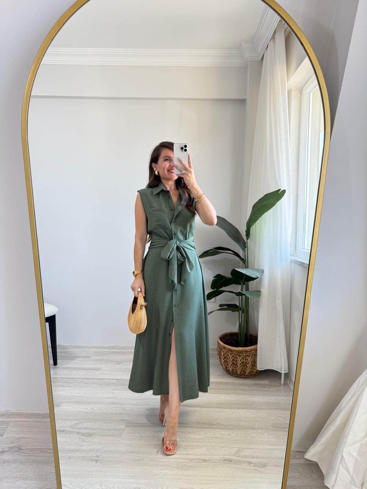 Haki Sıfır Kol Kendinden Kuşaklı Elbise 229