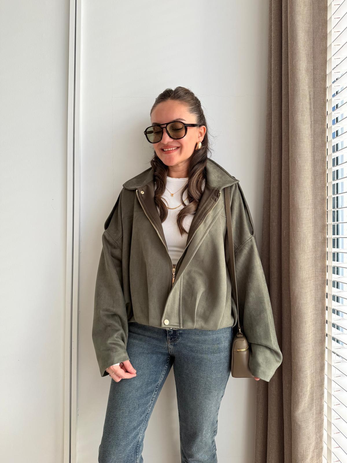 Haki Süet Gizli Fermuarlı Bomber Ceket 2016