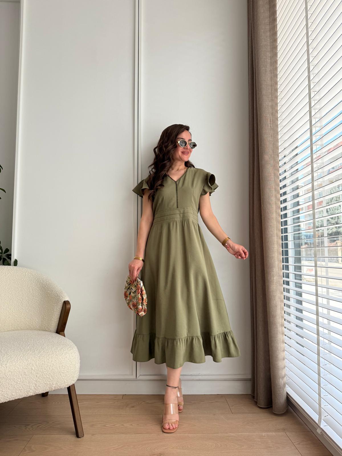 Haki V Yaka Bel Pileli Midi Boy Elbise 2084