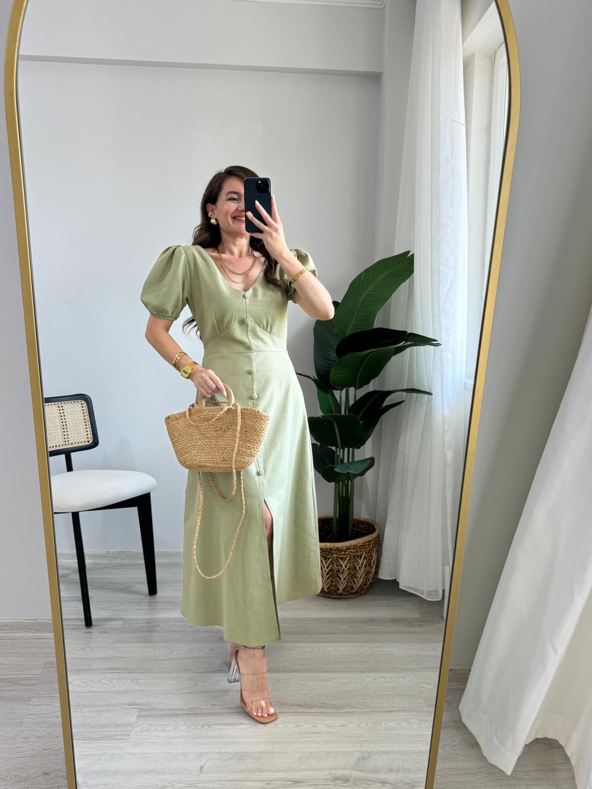 Haki V Yaka Omuz Vatkalı Önü Düğmeli Elbise 4307