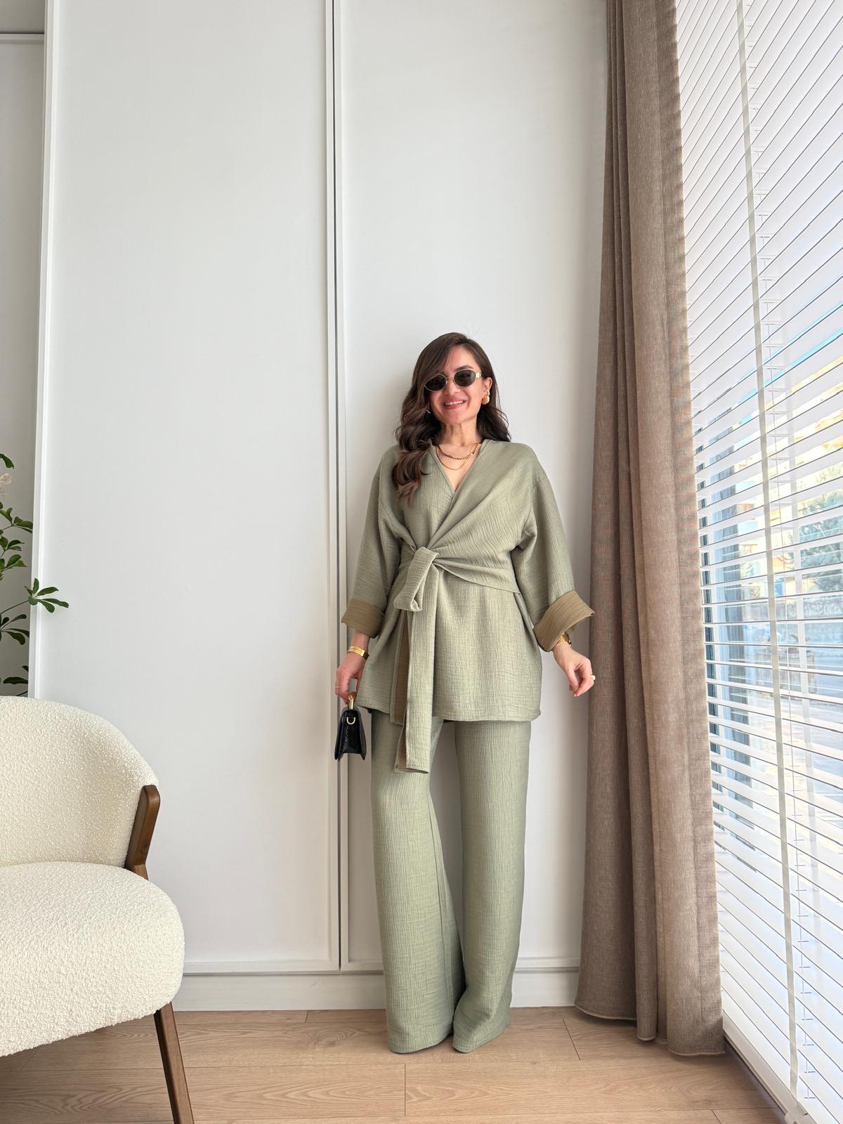 Haki V Yaka Yan Bağlama Kimono Takım 8534