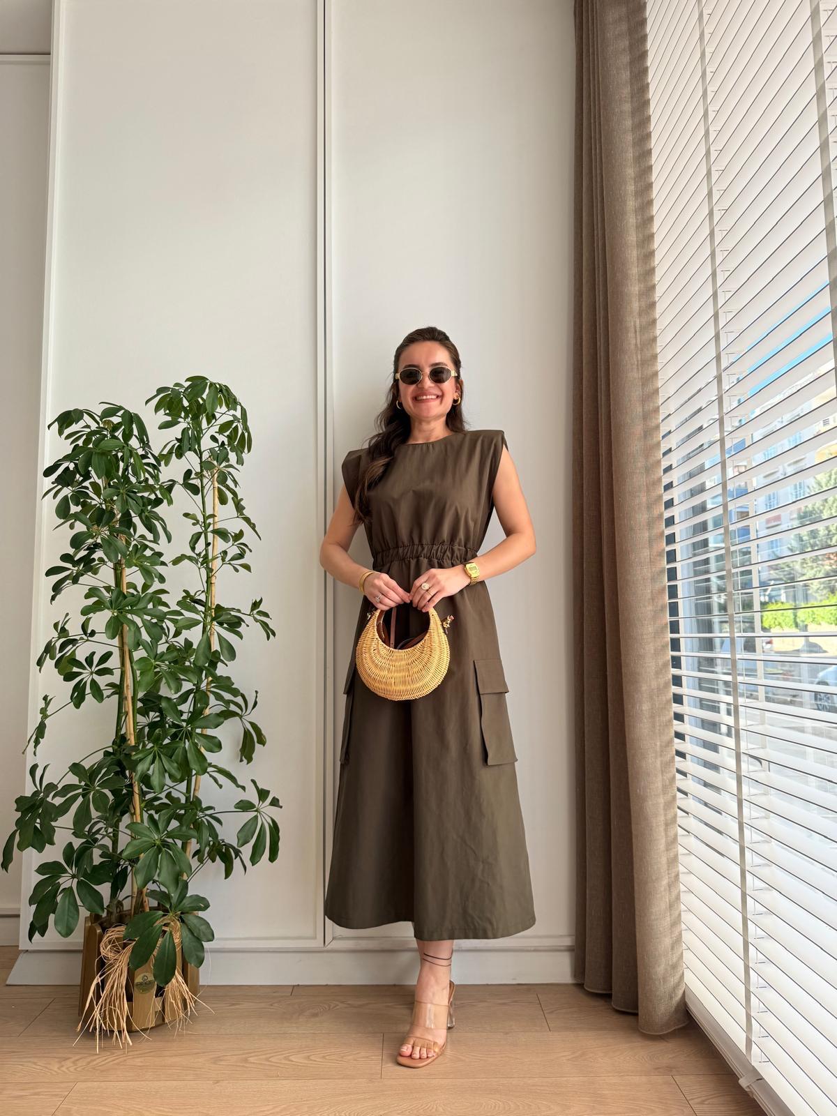 Haki Vatkalı Bel Lastikli Cepli Elbise 36115