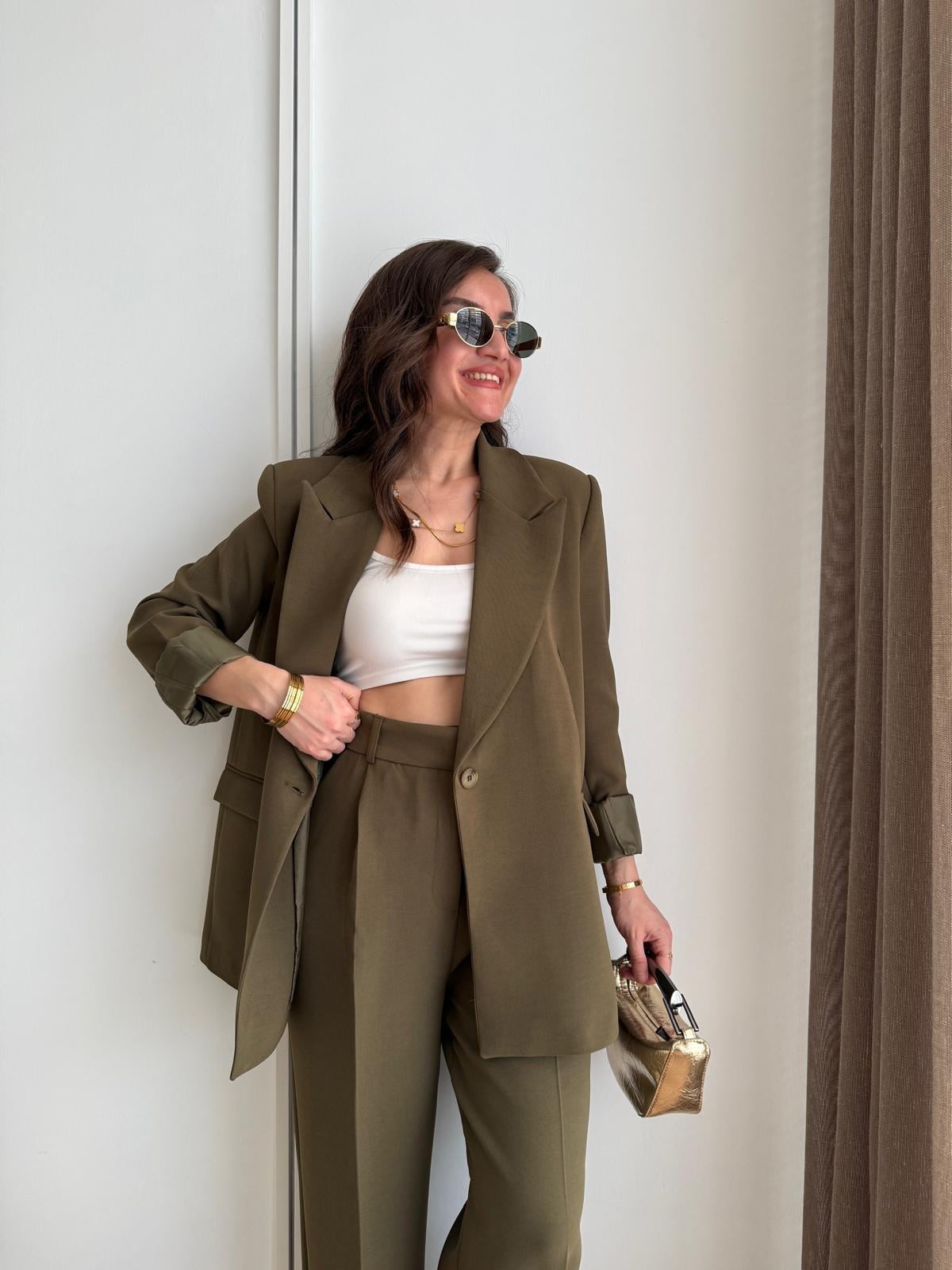 Haki Vatkalı Düğmeli Blazer Ceket 7462