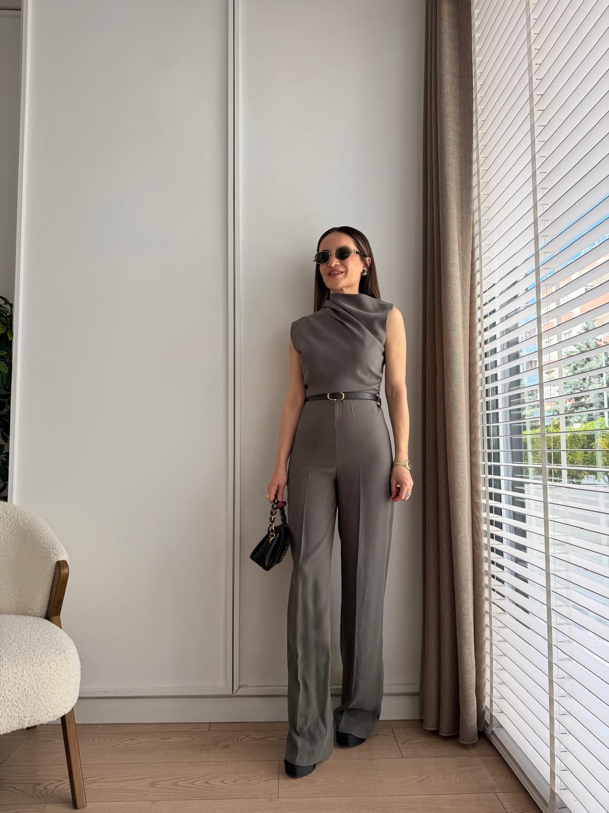 Haki Yaka Detaylı Kemerli Tulum 580955